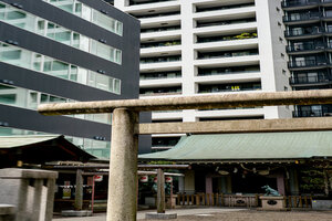 Torii of Miyamasu Mitake Shrine surrounded by buildings
