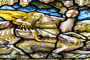 Stained glass depicting St. George slaying the dragon