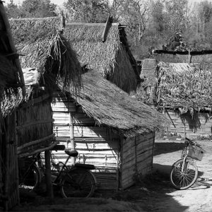 Young man walking between thatched huts