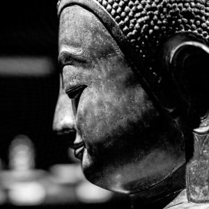 Profile of a Buddha statue with long earlobes