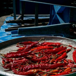 Red peppers being dried in sun in Khlong Toei Market