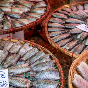Dried fishes sold in Khlong Toei Market