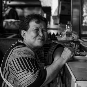 Woman eating at counter