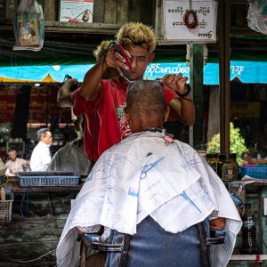 Barber with bleached hair