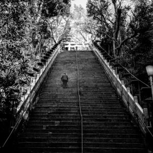 Businessman on steep stairway to Atago Jinja