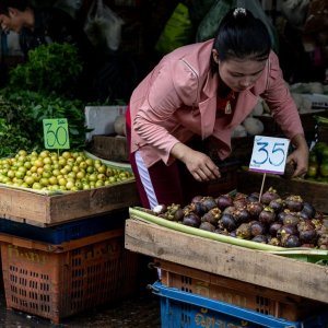 Young woman with a Phra Kruang taking Mangosteen in a fruit store