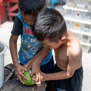 Boys eating a fruit in front of the temple
