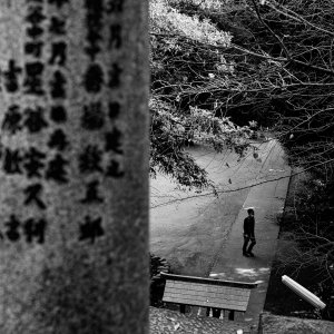 Figure crossing the approach to Komagome Fuji Shrine