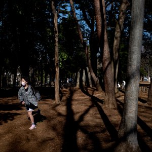 Girl running through a grove of trees
