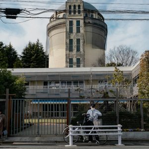 Nogata water tower towering over a residential area