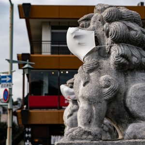 Masked guardian dogs standing on Wakamiya-Oji Street