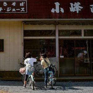 Girls straddling bicycles and chatting