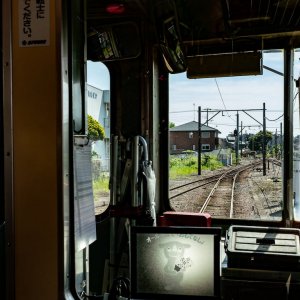 Tracks visible beyond the driver\'s seat of Choshi Electric Railway