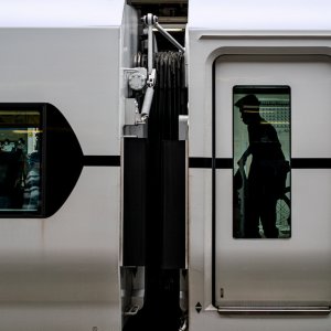 Express train stopped at Shinjuku Station