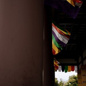 Buddhist flag fluttering at Nishi Arai Daishi