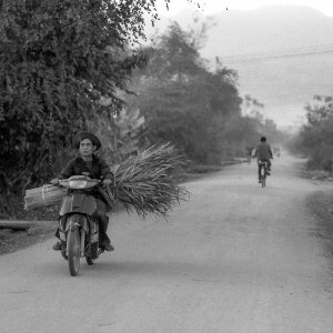 Motorbike running country road with burden