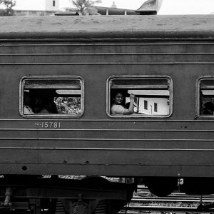 列車の窓から外を眺める女性