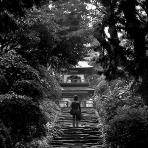 ボロボロの石階段の途中に立つ女性