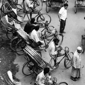 Cycle rickshaws lining the roadside