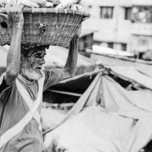 籠を運ぶ年配の労働者