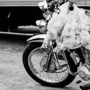 Many chickens hung from steering wheel of a motorbike