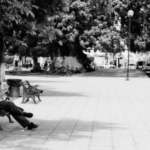 Man reading newspaper in the shade