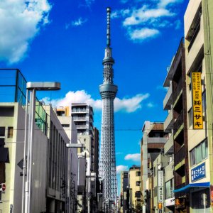 Skytree towering at end of street