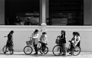 Seven girls making bicycle trip