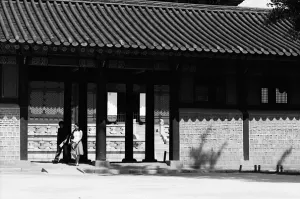 Couple strolling about Gyeongbokgung