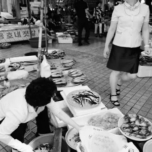 Two women in fish market in Sokcho