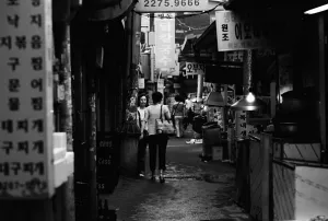 Dim alleyway with signboards