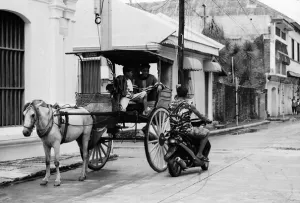 Motorbike stopping beside horse carriage
