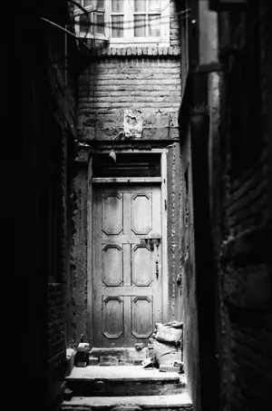 Wooden door in dim alleyway