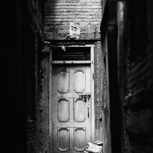 Wooden door in dim alleyway