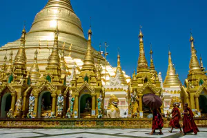 Monks walking in precinct of Shwedagon Pagoda