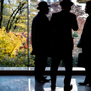 Three men by window