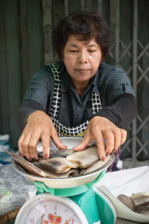 Woman weighing fishes with a weighing machine