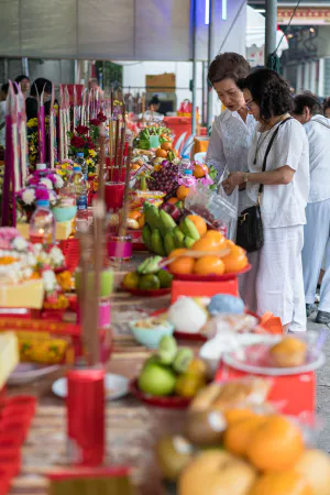 Massive array of offerings in Wat Mangkon Kamalawat