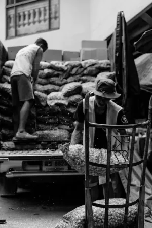 Men unloading back from truck