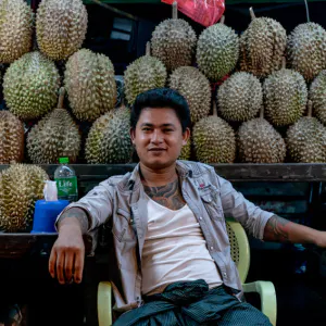 Durian in night market in Yangon