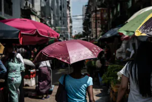 Woman walking street market with umbrella