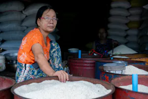 米でいっぱいになった容器と女性