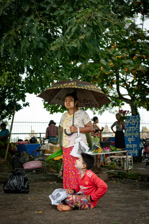 傘を差して木の下に立つ女性