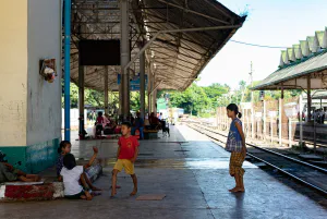 Kids playing on platform of Yangon Central Station