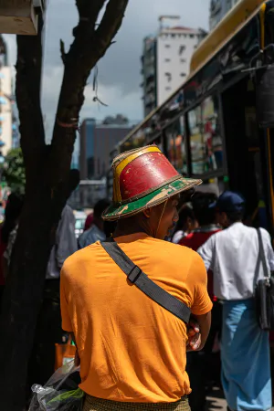 Man wearing vivid hat