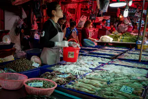 クロントゥーイ市場でイカとタコと貝を売っていた若い女性