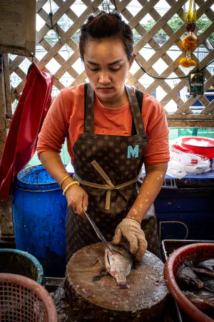 Woman wearing a Louis-Vuitton-like apron in Khlong Toei Market