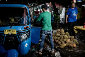 Men loading durians onto Bajaj