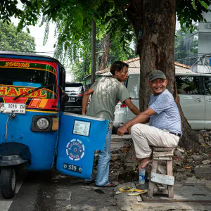 Blue three-wheeled taxi called Bajaj parked beside the tall street tree