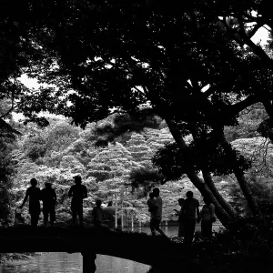 Many silhouettes on bridge in Rikugien garden